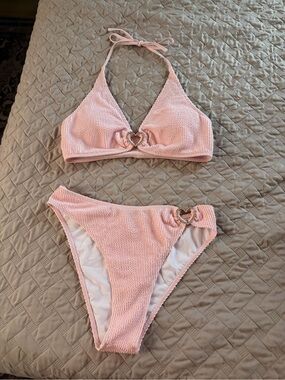 Pink Textured Heart-Accent Bikini Set